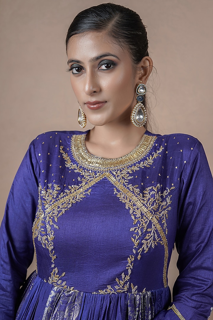 Blue Jacquard Kasab Silk Wedding Anarkali Set by ARJE India at Pernia's Pop Up Shop