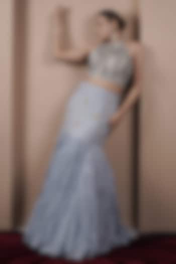 Blue Kasab Silk Fish Cut Wedding Lehenga Set by ARJE India at Pernia's Pop Up Shop