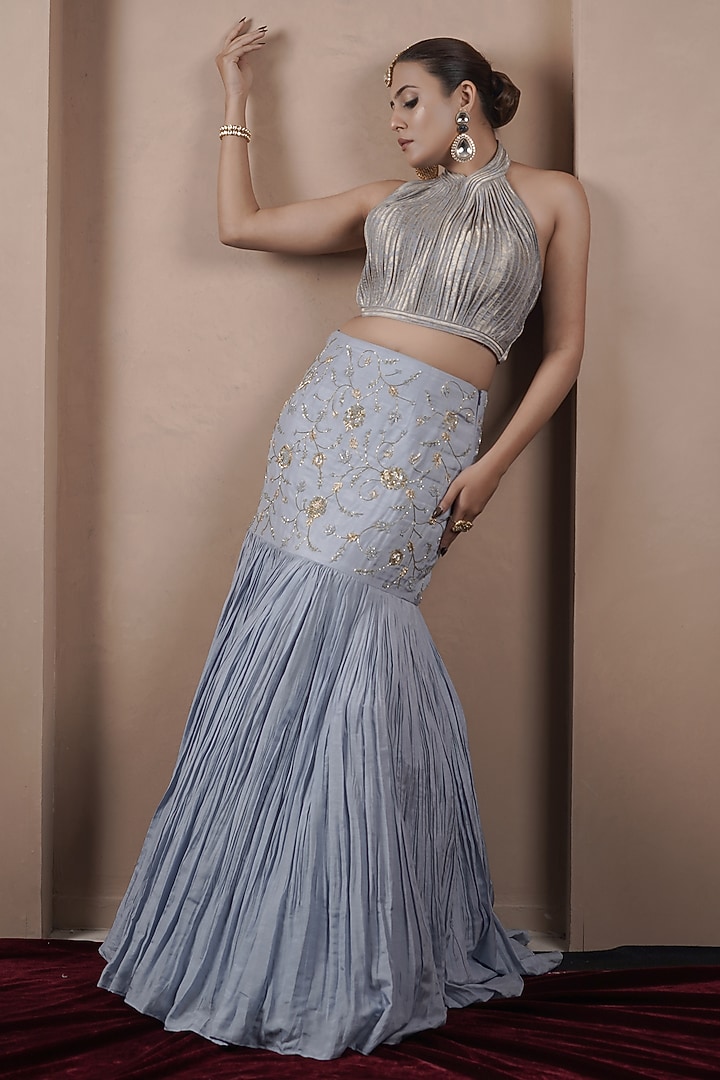 Blue Kasab Silk Fish Cut Wedding Lehenga Set by ARJE India at Pernia's Pop Up Shop