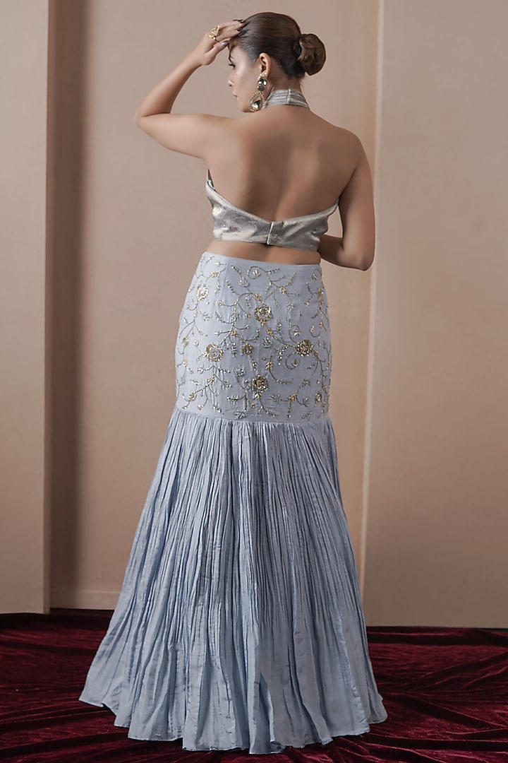 Blue Kasab Silk Fish Cut Wedding Lehenga Set by ARJE India at Pernia's Pop Up Shop