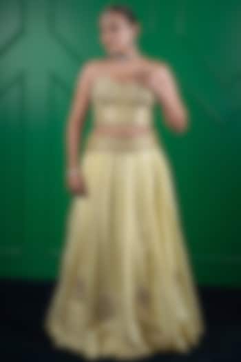 Lemon Yellow Kasab Silk Hand Work Wedding Lehenga Set by ARJE India at Pernia's Pop Up Shop
