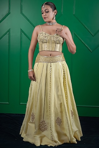 Lemon Yellow Kasab Silk Hand Work Lehenga Set by ARJE India