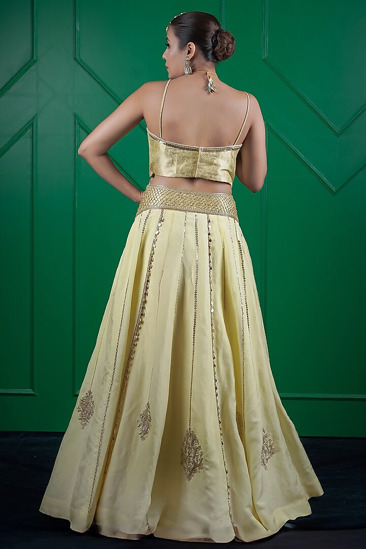 Lemon Yellow Kasab Silk Hand Work Wedding Lehenga Set by ARJE India at Pernia's Pop Up Shop