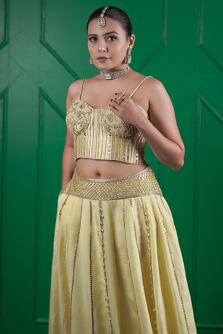 Lemon Yellow Kasab Silk Hand Work Wedding Lehenga Set by ARJE India at Pernia's Pop Up Shop