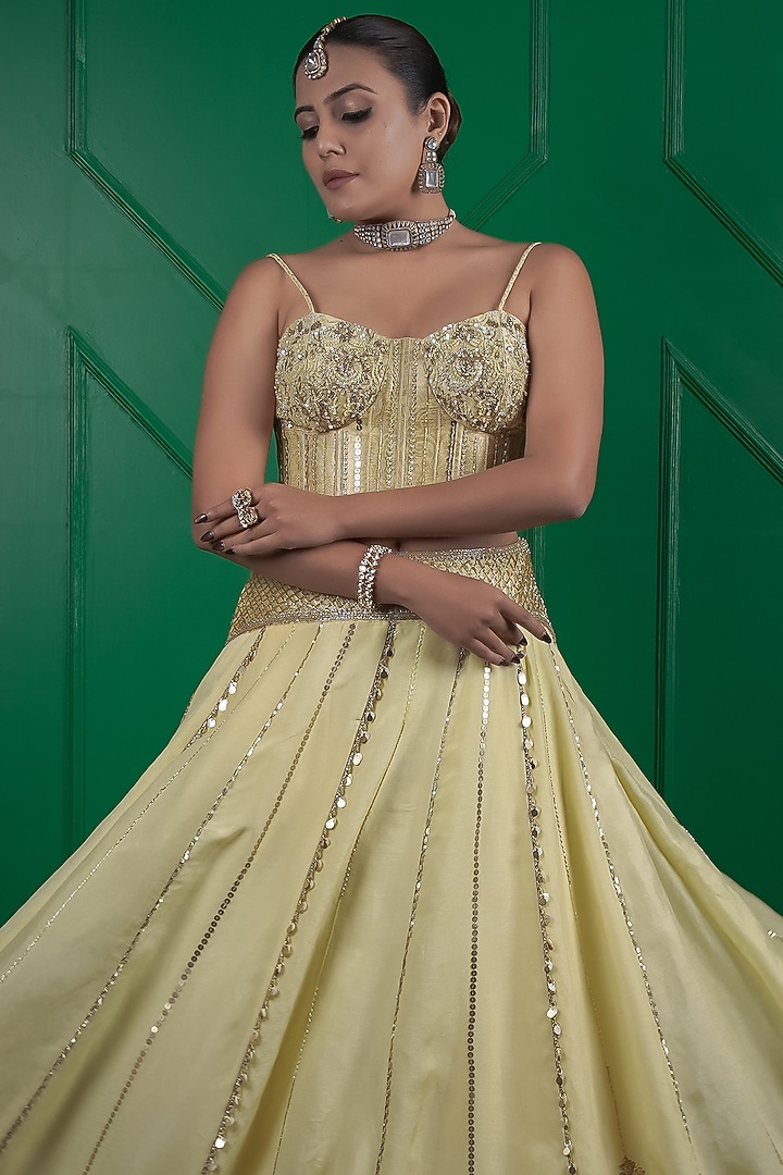 Lemon Yellow Kasab Silk Hand Work Wedding Lehenga Set by ARJE India at Pernia's Pop Up Shop