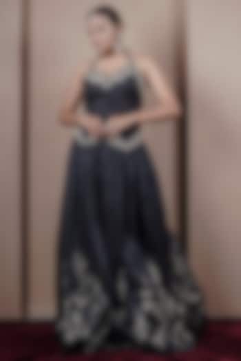 Black Jacquard Weave Gathered Wedding Lehenga Set by ARJE India at Pernia's Pop Up Shop