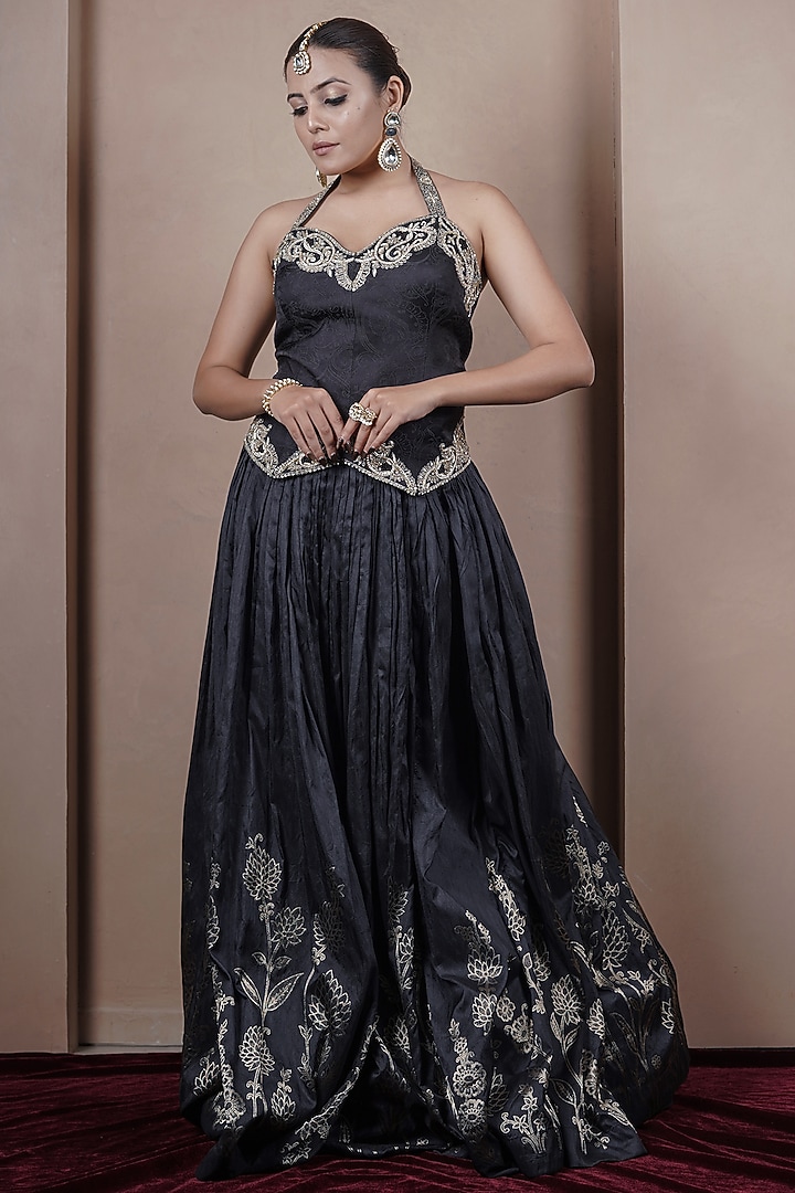 Black Jacquard Weave Gathered Wedding Lehenga Set by ARJE India at Pernia's Pop Up Shop