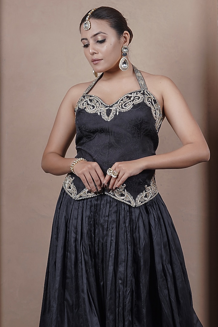 Black Jacquard Weave Gathered Wedding Lehenga Set by ARJE India at Pernia's Pop Up Shop