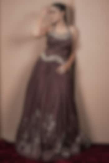 Chocolate Brown Jacquard Weave Gathered Wedding Lehenga Set by ARJE India at Pernia's Pop Up Shop