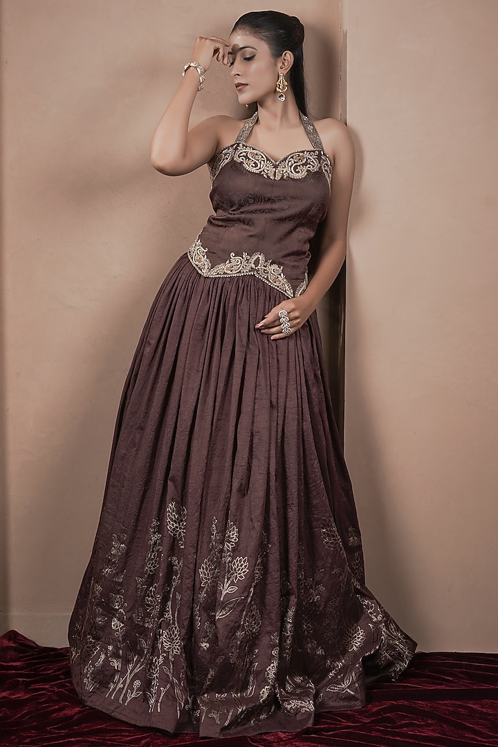 Chocolate Brown Jacquard Weave Gathered Wedding Lehenga Set by ARJE India at Pernia's Pop Up Shop