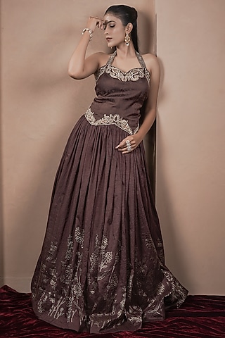 Chocolate Brown Jacquard Weave Gathered Lehenga Set by ARJE India