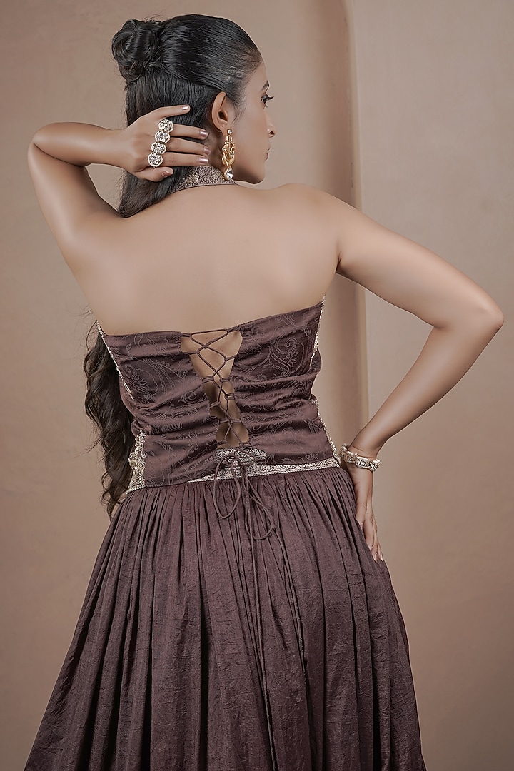 Chocolate Brown Jacquard Weave Gathered Wedding Lehenga Set by ARJE India at Pernia's Pop Up Shop