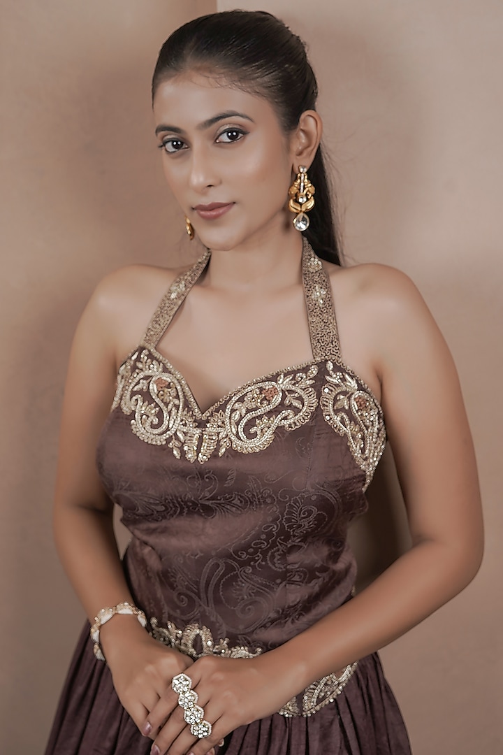 Chocolate Brown Jacquard Weave Gathered Wedding Lehenga Set by ARJE India at Pernia's Pop Up Shop
