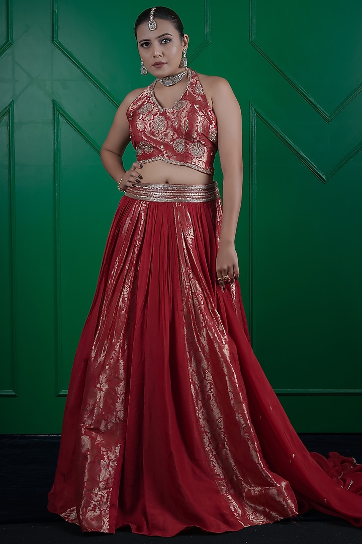 Maroon Kasab Silk Kalidar Wedding Lehenga Set by ARJE India at Pernia's Pop Up Shop