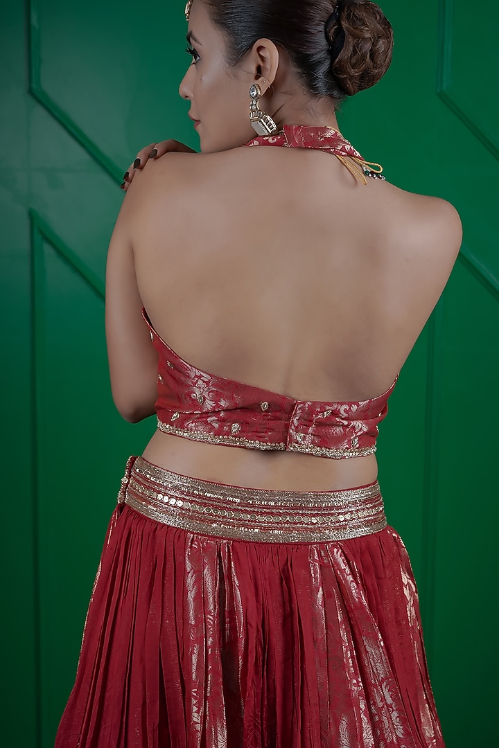 Maroon Kasab Silk Kalidar Wedding Lehenga Set by ARJE India at Pernia's Pop Up Shop