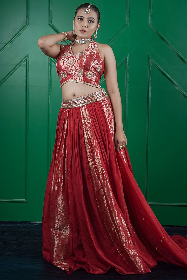 Maroon Kasab Silk Kalidar Wedding Lehenga Set by ARJE India at Pernia's Pop Up Shop