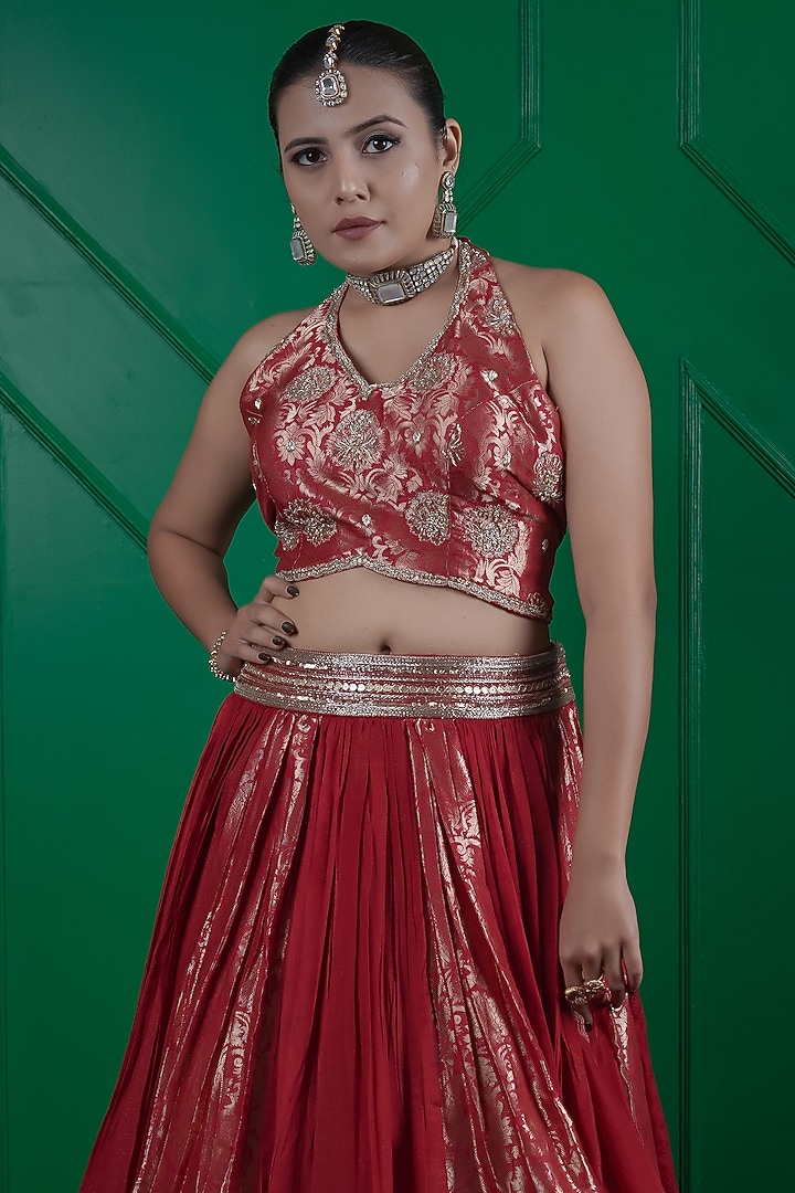 Maroon Kasab Silk Kalidar Wedding Lehenga Set by ARJE India at Pernia's Pop Up Shop