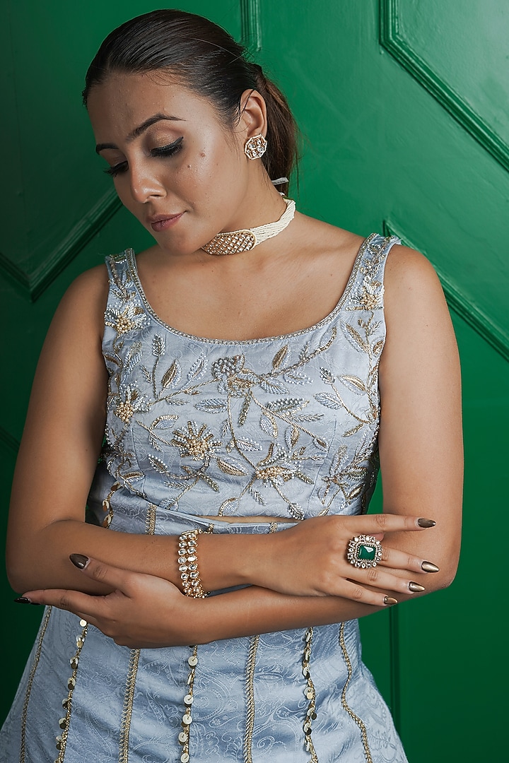 Ice Blue Kasab Silk Palazzo Pant Set by ARJE India at Pernia's Pop Up Shop