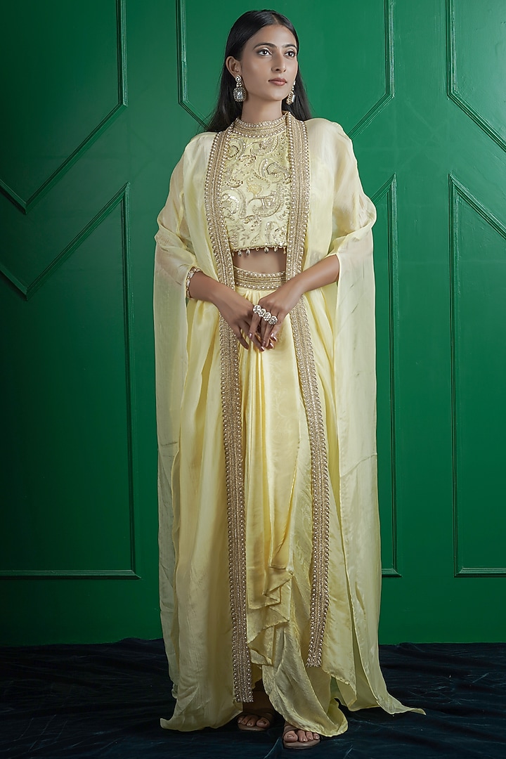 Lemon Yellow Kasab Silk Draped Skirt Set by ARJE India at Pernia's Pop Up Shop