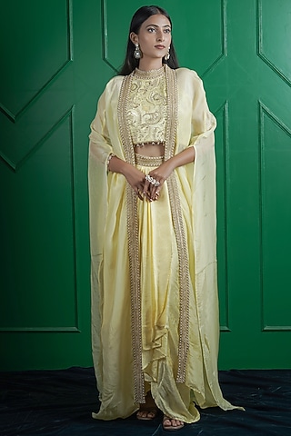 Lemon Yellow Kasab Silk Draped Skirt Set by ARJE India