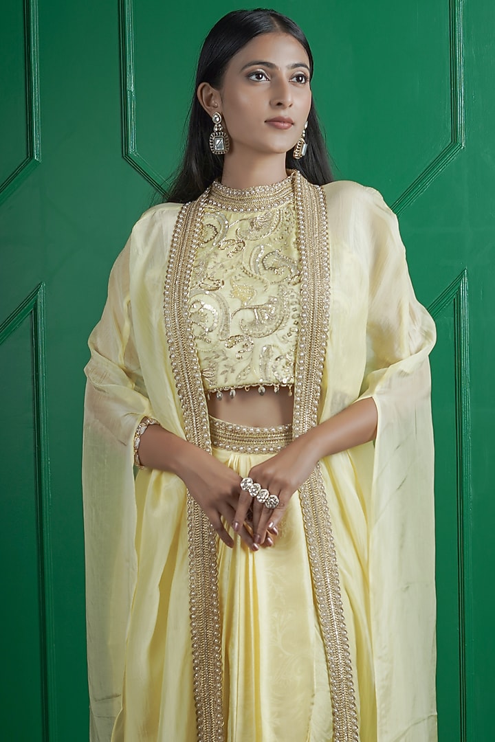 Lemon Yellow Kasab Silk Draped Skirt Set by ARJE India at Pernia's Pop Up Shop