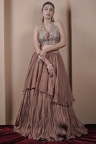 Brown Kasab Silk Layered Lehenga Set by ARJE India