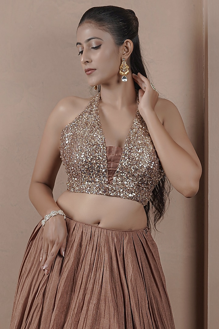 Brown Kasab Silk Layered Wedding Lehenga Set by ARJE India at Pernia's Pop Up Shop