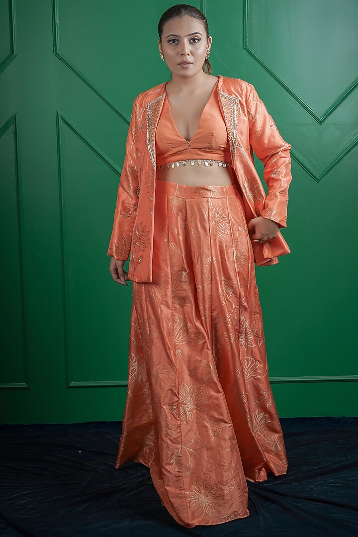 Orange Kasab Silk Hand Work Blazer Set by ARJE India at Pernia's Pop Up Shop