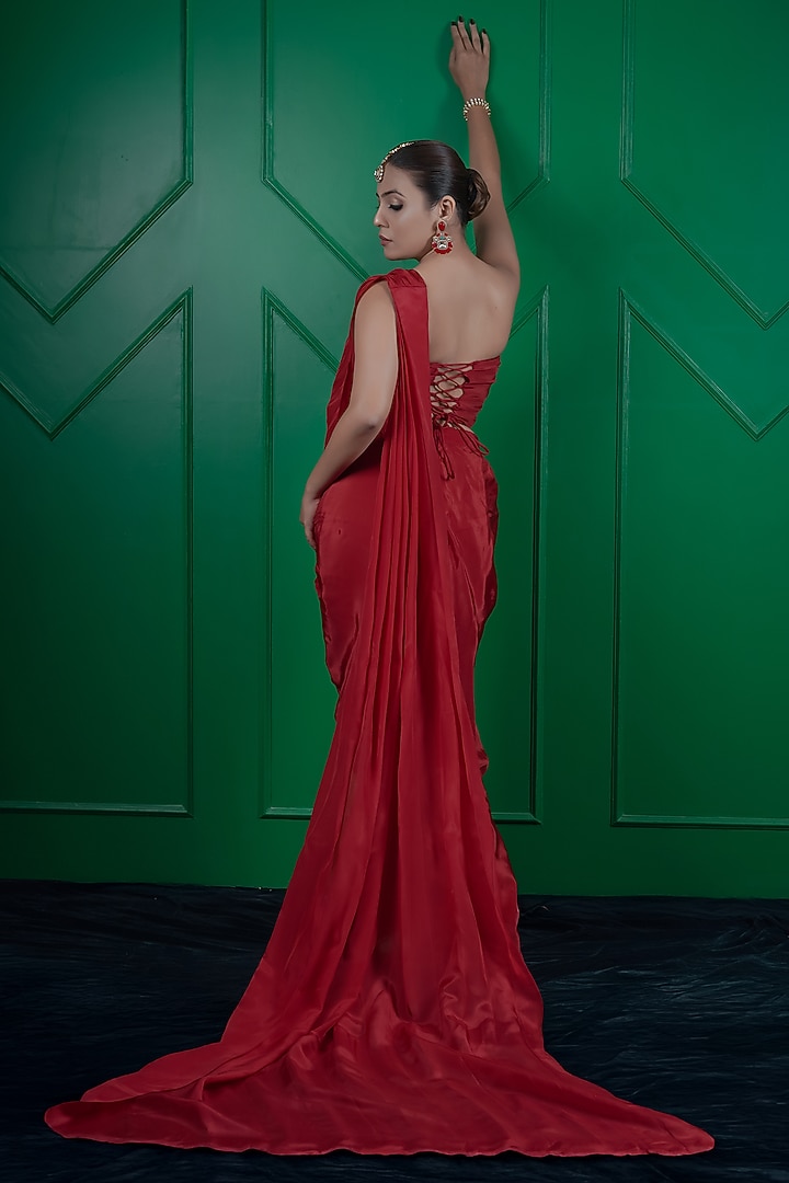Red Organza Draped Wedding Saree Set by ARJE India at Pernia's Pop Up Shop