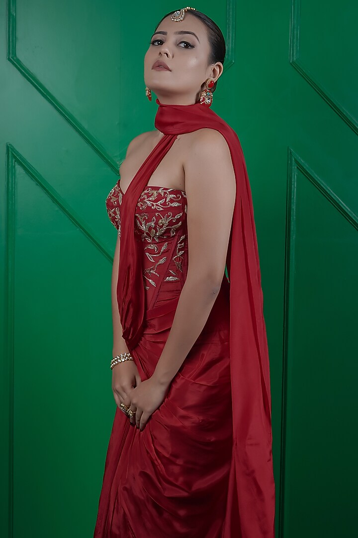 Red Organza Draped Wedding Saree Set by ARJE India at Pernia's Pop Up Shop