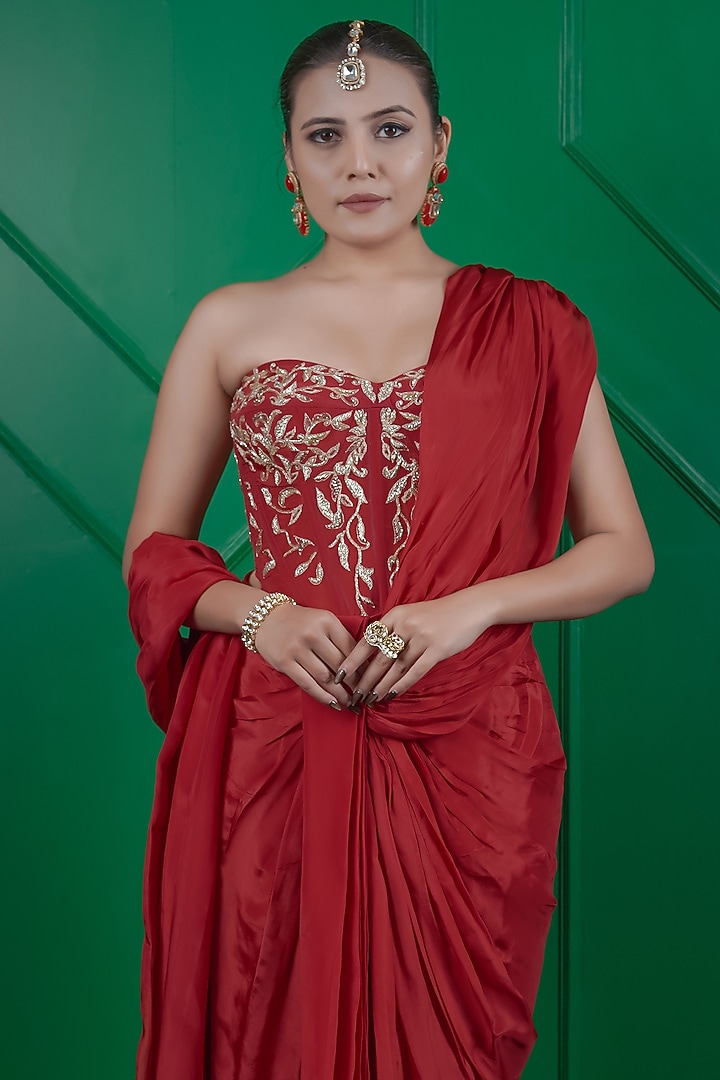 Red Organza Draped Wedding Saree Set by ARJE India at Pernia's Pop Up Shop