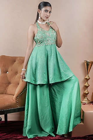 Green Kasab Silk Gharara Set by ARJE India