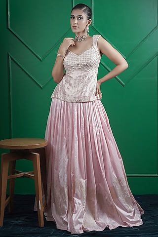 Baby Pink Kasab Silk Gathered Skirt Set by ARJE India