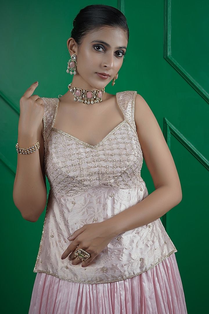 Baby Pink Kasab Silk Gathered Skirt Set by ARJE India at Pernia's Pop Up Shop