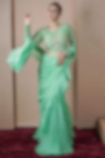 Green Hand Weave Kasab Silk Ruffle Wedding Saree Set by ARJE India at Pernia's Pop Up Shop