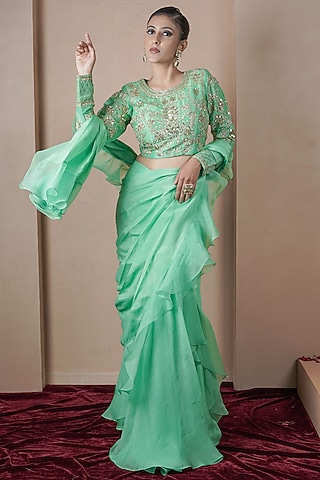 Green Hand Weave Kasab Silk Ruffle Saree Set by ARJE India