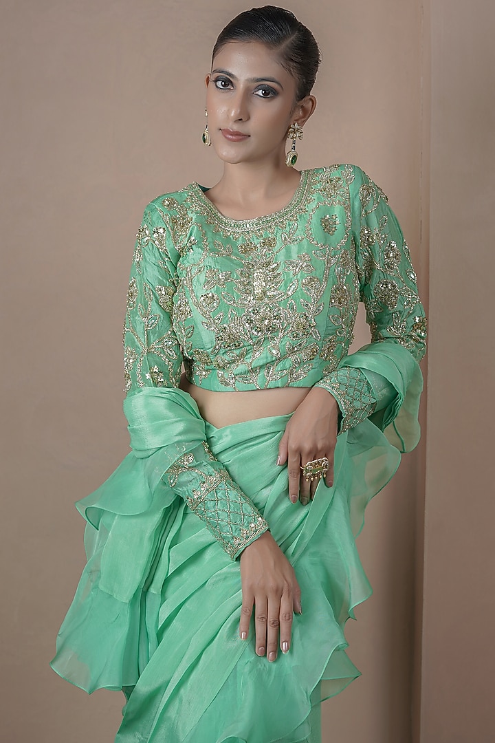 Green Hand Weave Kasab Silk Ruffle Wedding Saree Set by ARJE India at Pernia's Pop Up Shop