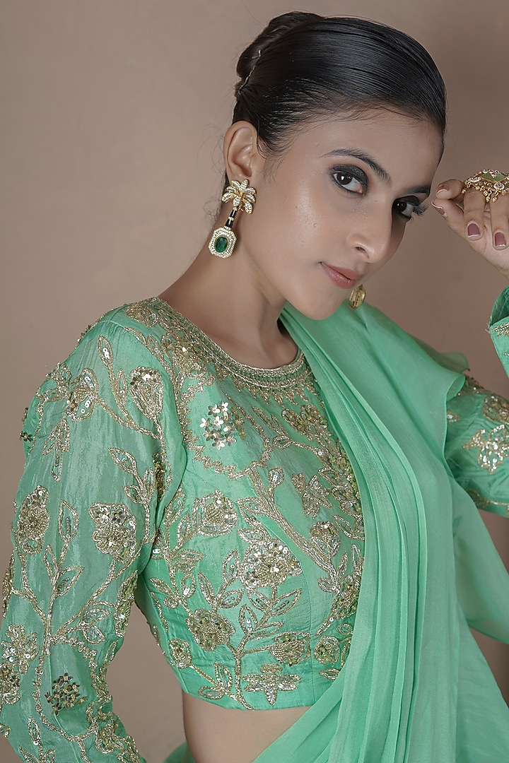 Green Hand Weave Kasab Silk Ruffle Wedding Saree Set by ARJE India at Pernia's Pop Up Shop