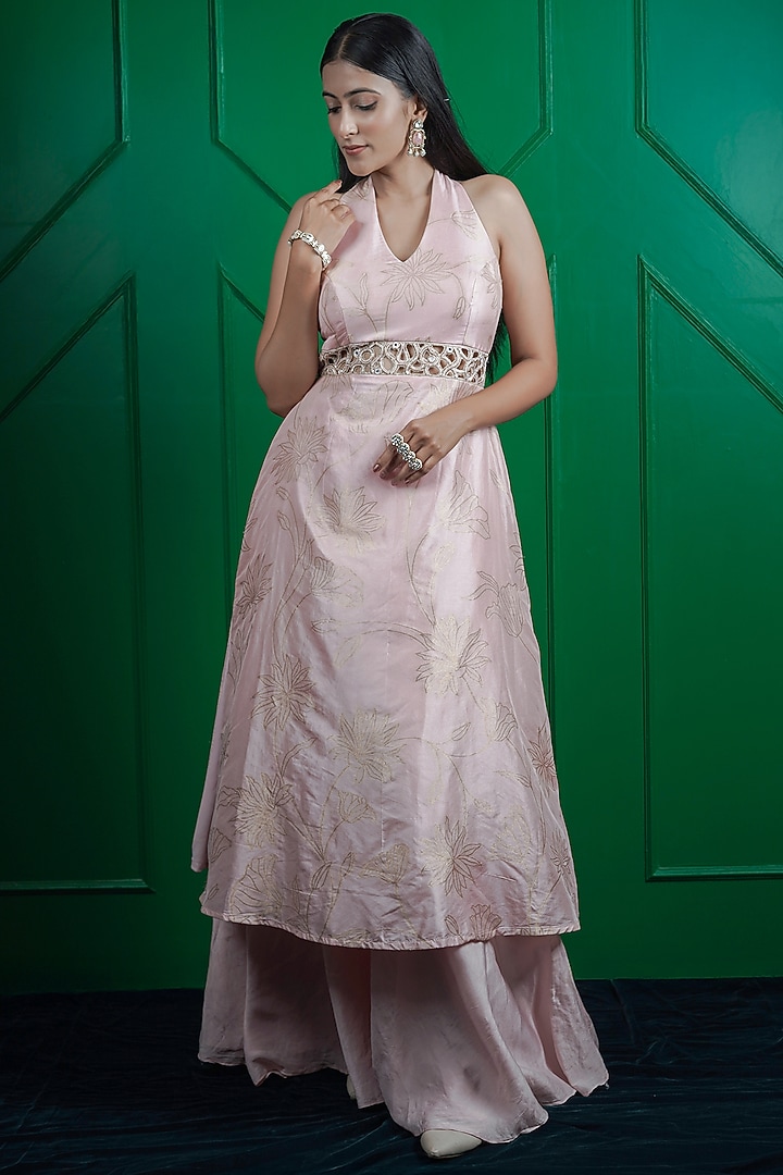 Baby Pink Hand Woven Kasab Silk Kurta Set by ARJE India at Pernia's Pop Up Shop