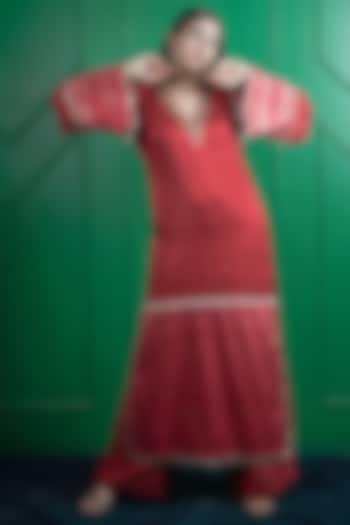 Red Hand Woven Kasab Silk Jacquard Kurta Set by ARJE India at Pernia's Pop Up Shop