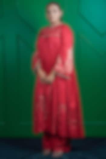 Garnet Red Jacquard Kasab Silk Party Wear Anarkali Set by ARJE India at Pernia's Pop Up Shop