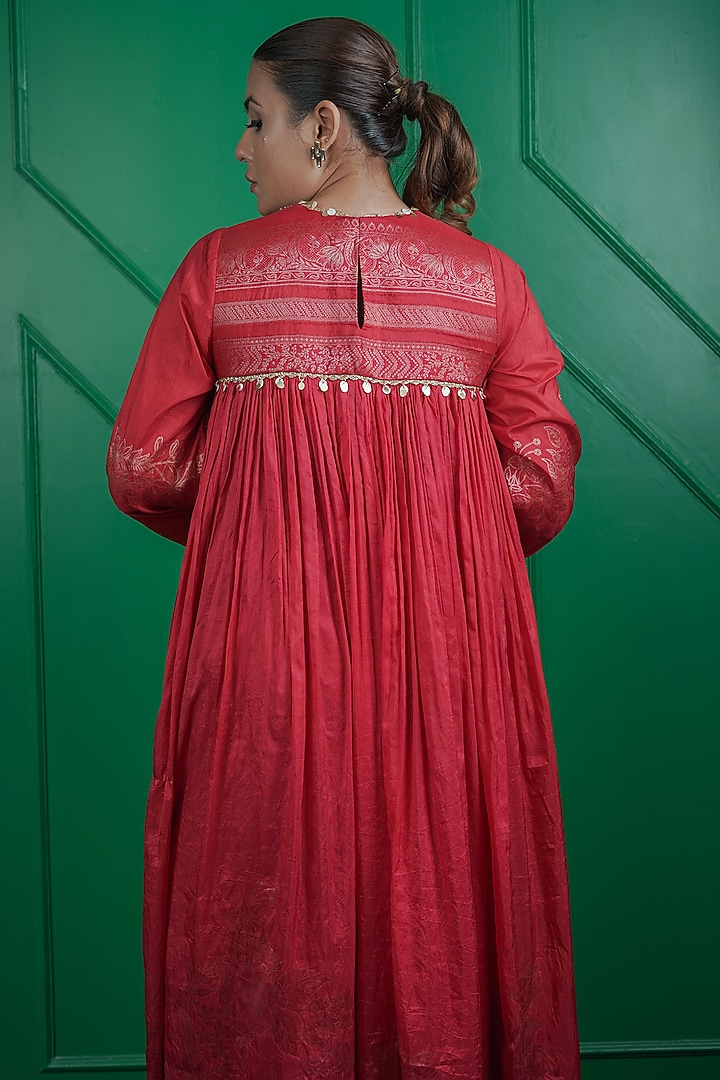 Garnet Red Jacquard Kasab Silk Party Wear Anarkali Set by ARJE India at Pernia's Pop Up Shop