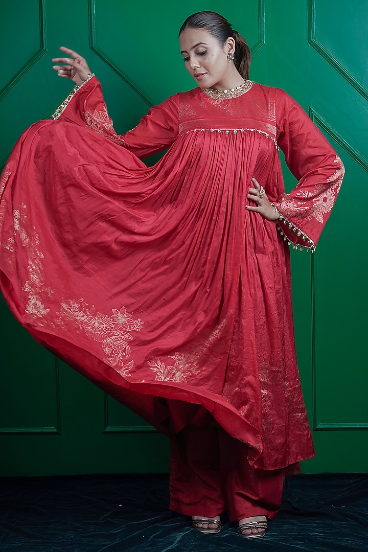 Garnet Red Jacquard Kasab Silk Party Wear Anarkali Set by ARJE India at Pernia's Pop Up Shop