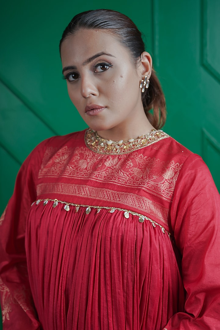 Garnet Red Jacquard Kasab Silk Party Wear Anarkali Set by ARJE India at Pernia's Pop Up Shop