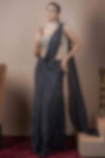 Black Organza Draped Wedding Saree Set by ARJE India at Pernia's Pop Up Shop