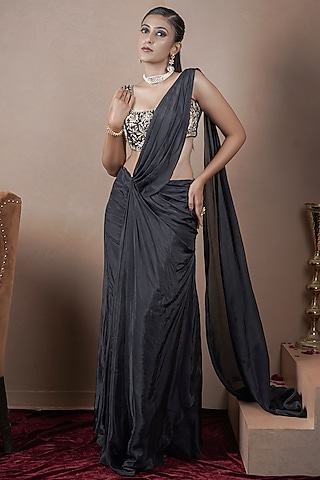 Black Organza Draped Saree Set by ARJE India