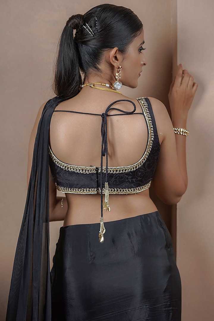 Black Organza Draped Wedding Saree Set by ARJE India at Pernia's Pop Up Shop