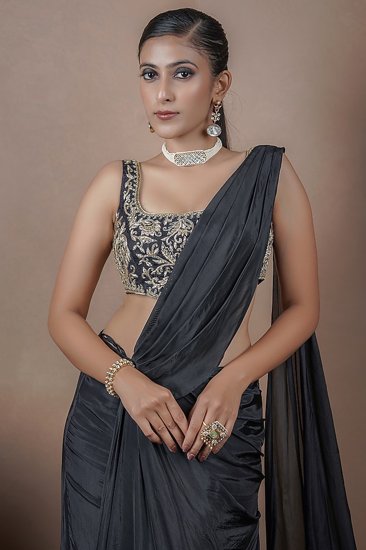 Black Organza Draped Wedding Saree Set by ARJE India at Pernia's Pop Up Shop