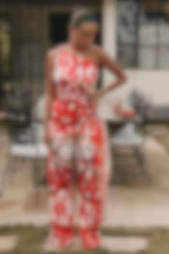 Bright Red Linen Abstract Printed Co-Ord Set by ARJE India at Pernia's Pop Up Shop