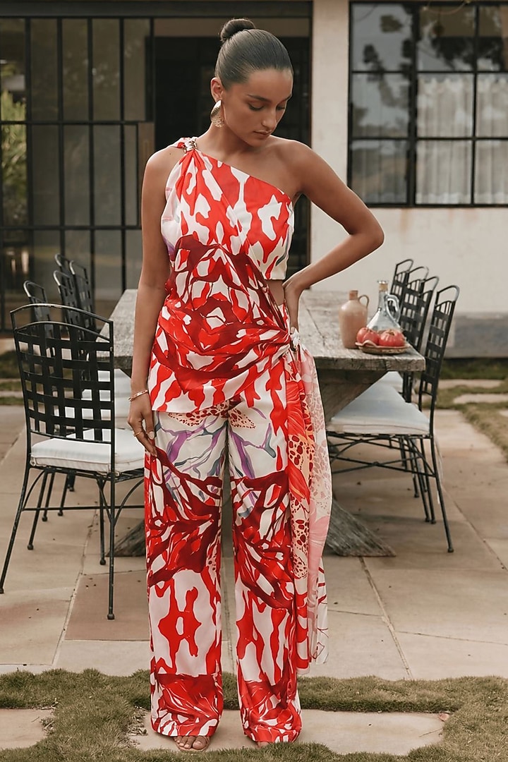 Bright Red Linen Abstract Printed Co-Ord Set by ARJE India at Pernia's Pop Up Shop